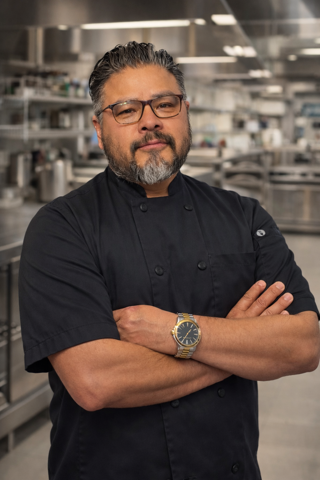 Portrait of a confident chef in a black chef coat, standing with arms crossed in a modern kitchen setting, showcasing culinary expertise and professionalism.